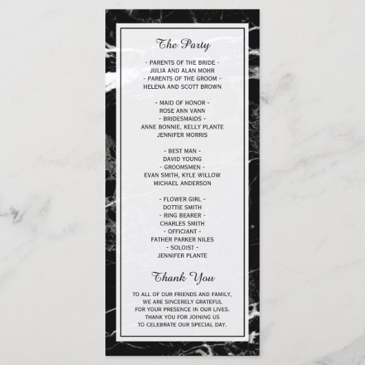 Elegant Wedding Program | Zwarte witte marmer Programmakaart (Achterkant)