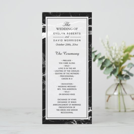 Elegant Wedding Program | Zwarte witte marmer Programmakaart (Staand voorkant)