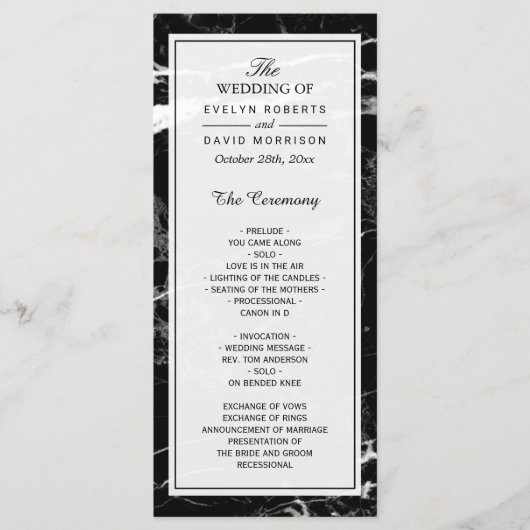 Elegant Wedding Program | Zwarte witte marmer Programmakaart (Voorkant)