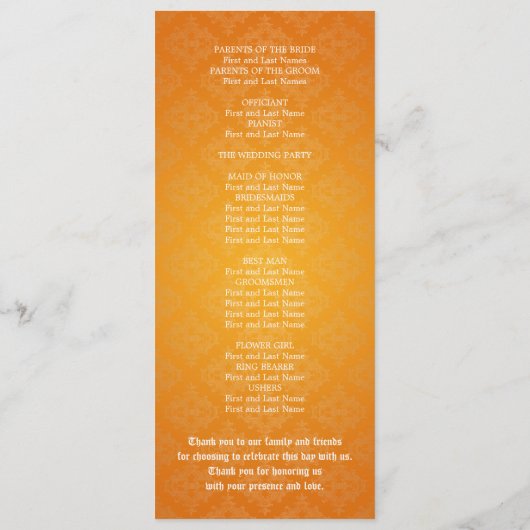 Elegant Wedding Programme Baroque Flourish Oranje Programmakaart (Achterkant)