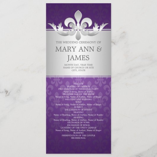 Elegant Wedding Programme Fleur De Lis Paars Programmakaart (Voorkant)