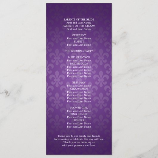 Elegant Wedding Programme Fleur De Lis Paars Programmakaart (Achterkant)