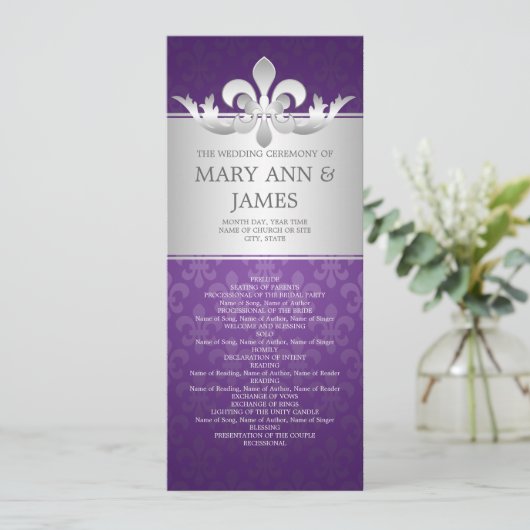 Elegant Wedding Programme Fleur De Lis Paars Programmakaart (Staand voorkant)
