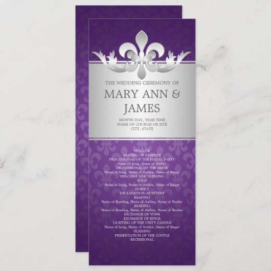 Elegant Wedding Programme Fleur De Lis Paars Programmakaart (Voorkant / Achterkant)