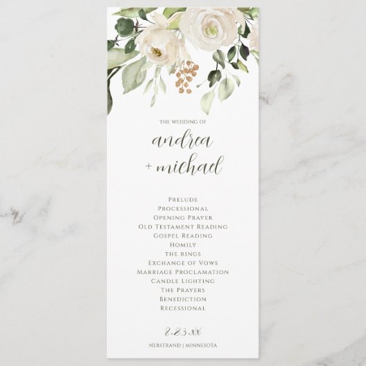 Elegant Wedding Programme Greenery White Floral Programmakaart (Voorkant)