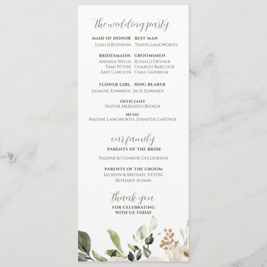 Elegant Wedding Programme Greenery White Floral Programmakaart (Achterkant)