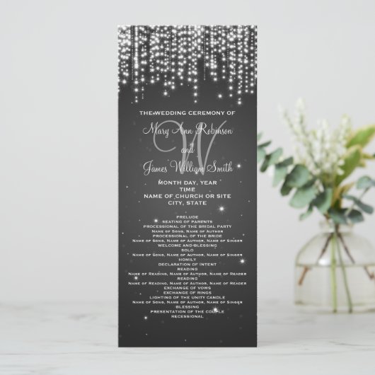 Elegant Wedding Programme Night Dazzle Black Programmakaart (Staand voorkant)