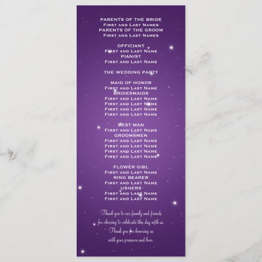 Elegant Wedding Programme Night Dazzle Paars Programmakaart (Achterkant)