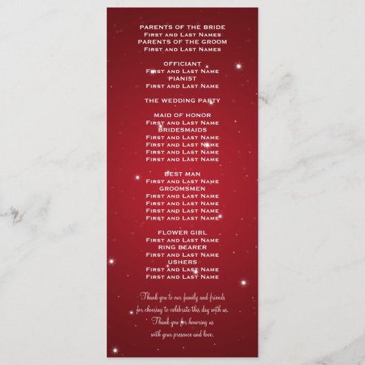 Elegant Wedding Programme Night Dazzle Red Programmakaart (Achterkant)