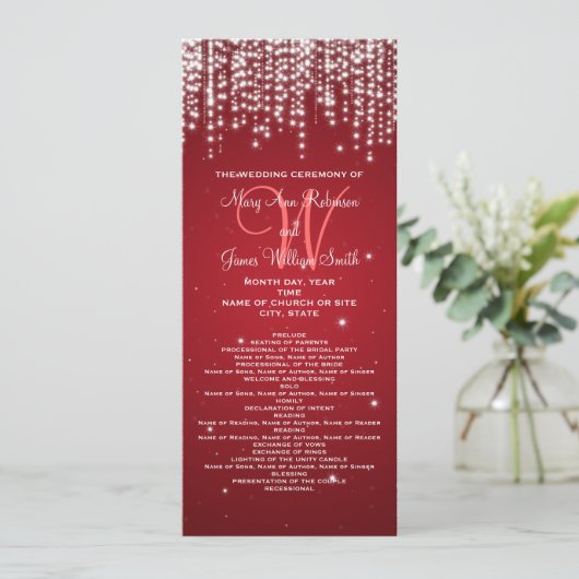 Elegant Wedding Programme Night Dazzle Red Programmakaart (Staand voorkant)