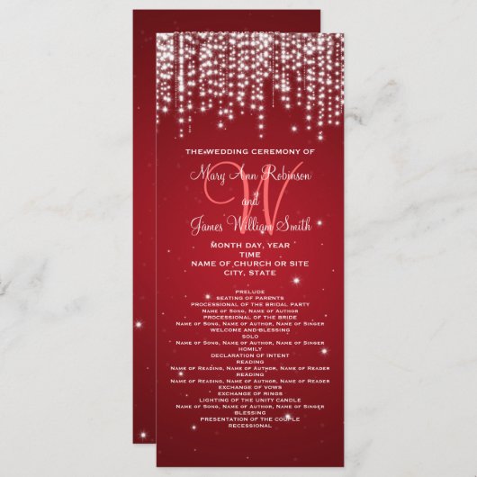 Elegant Wedding Programme Night Dazzle Red Programmakaart (Voorkant / Achterkant)