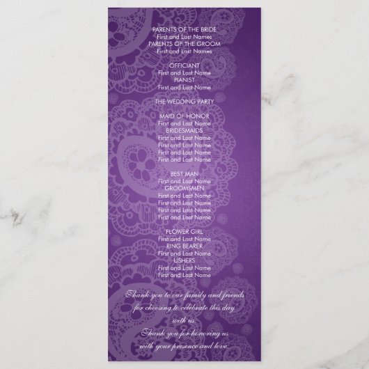 Elegant Wedding Programme Paisley Lace Paars Programmakaart (Achterkant)