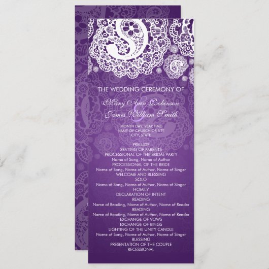 Elegant Wedding Programme Paisley Lace Paars Programmakaart (Voorkant / Achterkant)