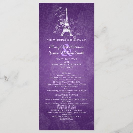 Elegant Wedding Programme Romantic Paris Paars Programmakaart (Voorkant)