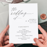 Elegant Wedding Programs 5x7 Romantic Calligraphy Programmakaart<br><div class="desc">Deze elegante, moderne script minimalistisch design bruiloft programma's zijn uitgerust met eenvoudige en elegante kalligrafie in combinatie met een eenvoudige serif font. Deze 5 x 7 trouwprogramma's zijn plat met een voor- en achterkant. Je trouwfeest en je dank je bericht staat aan de achterkant. Uitzicht overeenkomende stukken in dit collectie....</div>