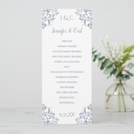 Elegant Wedding Programs | Tea-Length (Dusty Blue) Programmakaart (Staand voorkant)
