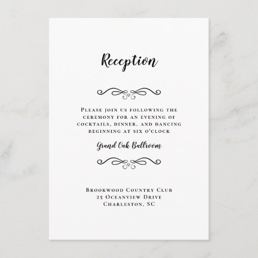 Elegant Wedding Reception Black White Chic Informatiekaartje (Voorkant)