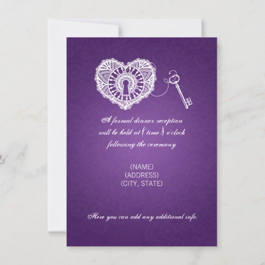 Elegant Wedding Reception Key of my Heart Paars Kaart (Achterkant)