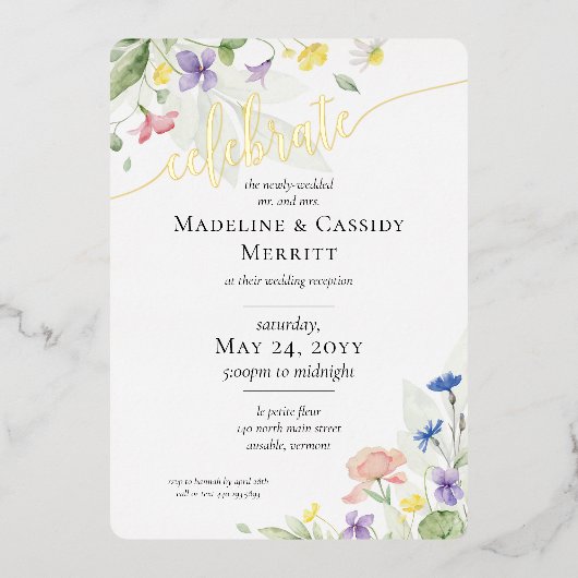 Elegant Wedding Reception Waterverf Wildbloemen Folie Uitnodiging (Voorkant)