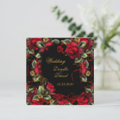 Elegant Wedding Red Roses Gold Black A Kaart (Staand voorkant)