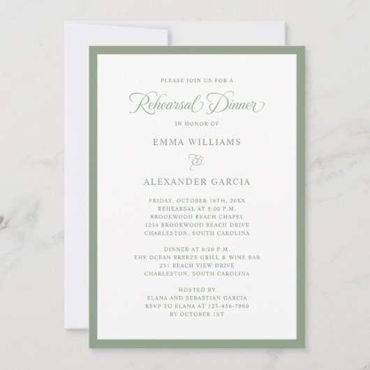Elegant Wedding Rehearsal Dinner Sage Green Kaart (Voorkant)