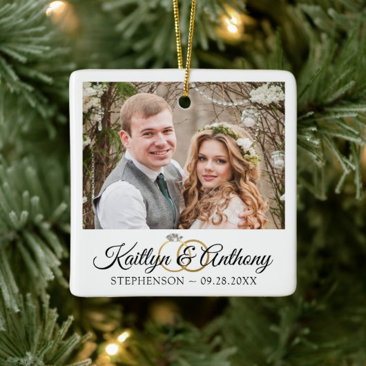 Elegant Wedding Rings 2 Foto herdenkingswit Keramisch Ornament (Boom)