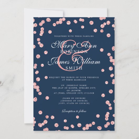 Elegant Wedding Roos Gold Glitter Confetti Navy Kaart (Voorkant)