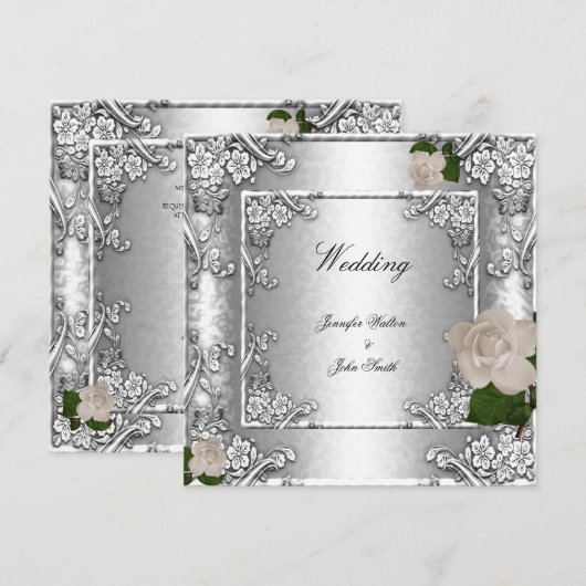 Elegant Wedding Roos Silver White 2 Kaart (Voorkant / Achterkant)
