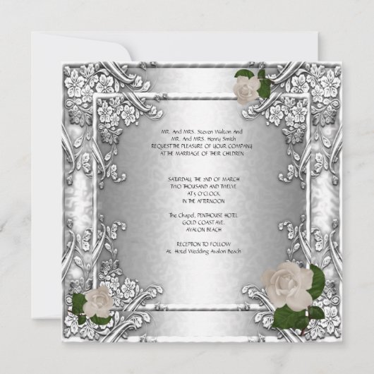 Elegant Wedding Roos Silver White Kaart (Achterkant)
