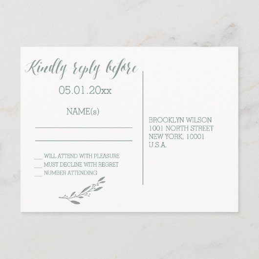 Elegant Wedding RSVP Briefkaarten Sage Wreater (Achterkant)