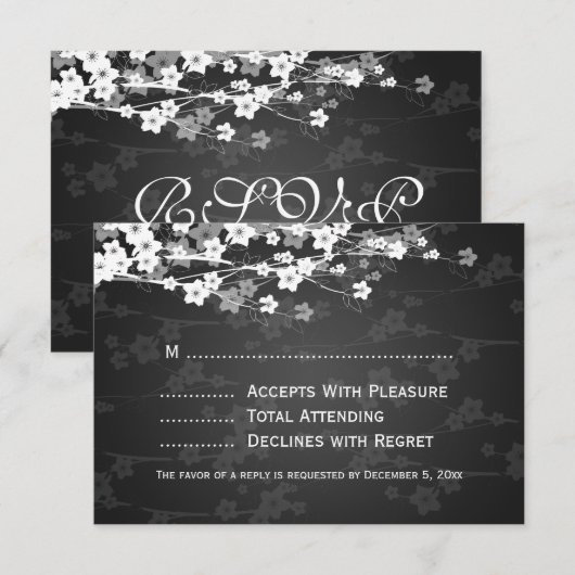 Elegant Wedding RSVP Cherry Blossom Black (Voorkant / Achterkant)