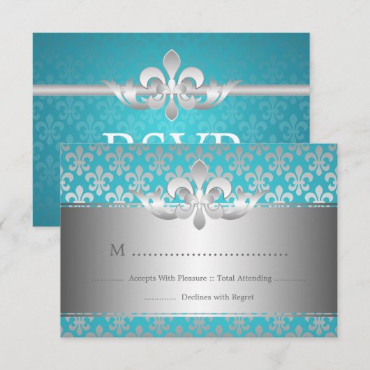 Elegant Wedding RSVP Fleur De Lis Blue (Voorkant / Achterkant)