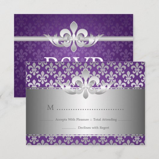 Elegant Wedding RSVP Fleur De Lis Paars (Voorkant / Achterkant)