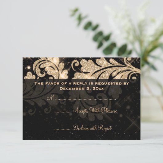 Elegant Wedding RSVP Gold Floral Glitter Swirl (Staand voorkant)