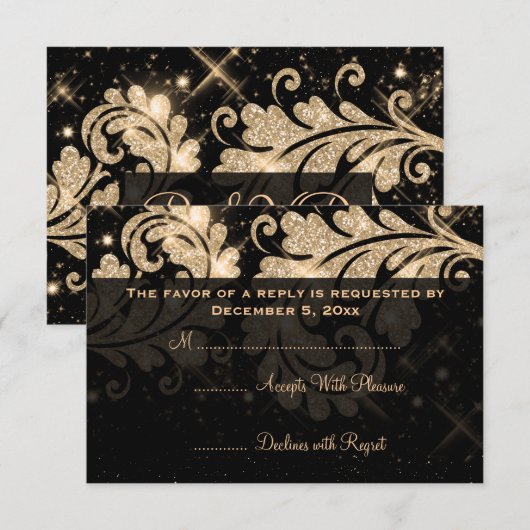 Elegant Wedding RSVP Gold Floral Glitter Swirl (Voorkant / Achterkant)