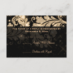 Elegant Wedding RSVP Gold Floral Glitter Swirl Kaartje