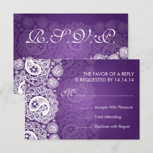 Elegant Wedding RSVP Paisley Lace Paars (Voorkant / Achterkant)