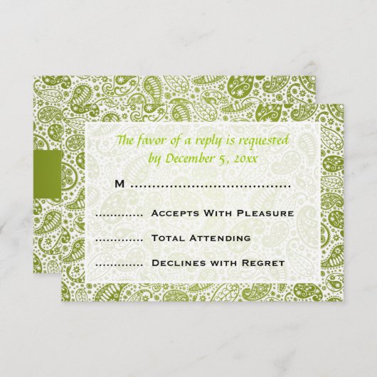 Elegant Wedding RSVP Paisley Pattern Lime Green (Voorkant / Achterkant)