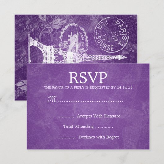 Elegant Wedding RSVP Romantic Paris Paars (Voorkant / Achterkant)