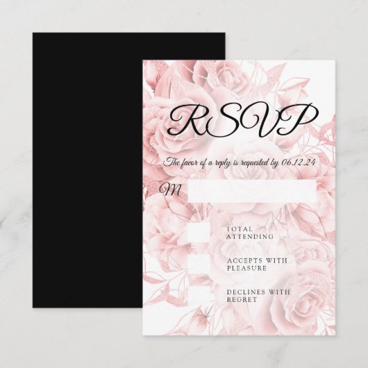 Elegant Wedding RSVP Simple Floral Black Roos Gold (Voorkant / Achterkant)