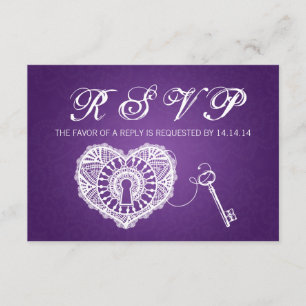 Elegant Wedding RSVP-sleutel voor mijn hart Paars RSVP Kaartje
