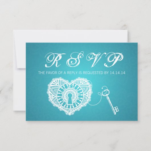 Elegant Wedding RSVP-sleutel voor mijn hart Turquo RSVP Kaartje (Voorkant)