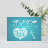 Elegant Wedding RSVP-sleutel voor mijn hart Turquo RSVP Kaartje (Staand voorkant)