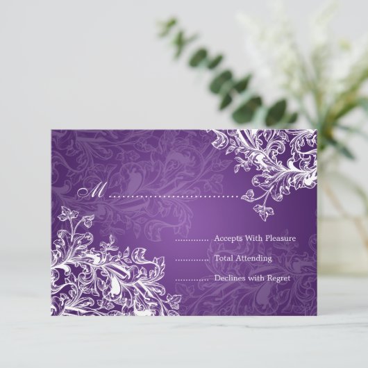 Elegant Wedding RSVP  Swirls Paars Kaartje (Staand voorkant)