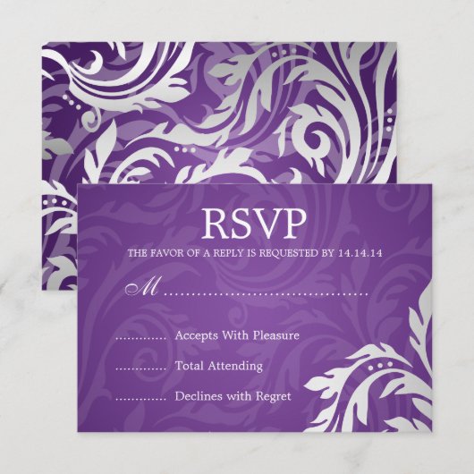 Elegant Wedding RSVP Swirly Flourish Paars (Voorkant / Achterkant)