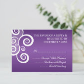 Elegant Wedding RSVP White Swirls Paars (Staand voorkant)