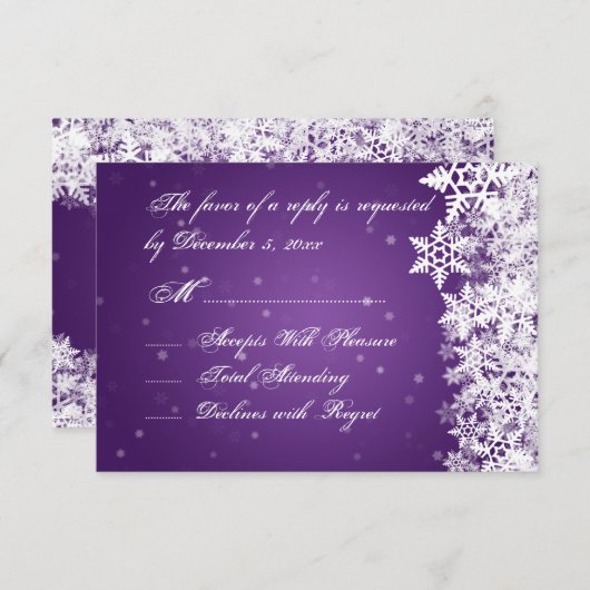 Elegant Wedding RSVP Winter Snowflakes Paars (Voorkant / Achterkant)