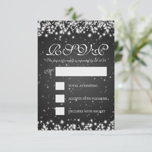 Elegant Wedding RSVP Winter Sparkle Black (Staand voorkant)