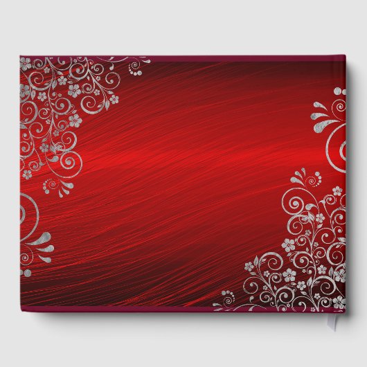 Elegant Wedding Ruby Red Silver Grey Swirls Script Gastenboek (Achterkant)