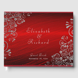 Elegant Wedding Ruby Red Silver Grey Swirls Script Gastenboek